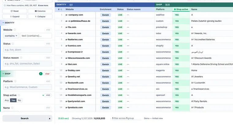 The MyLeadFox grid: shops with platform, status and name